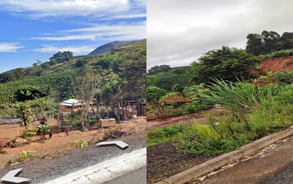 Antes e depois do sítio que foi soterrado por barranco de talude em Senador José Bento — Foto: Reprodução