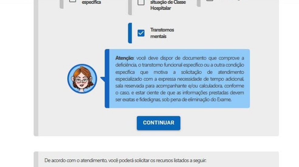 Leticia marcou a op&ccedil;&atilde;o 'transtornos mentais' ao solicitar o atendimento especializado no Enem &mdash; Foto: Reprodu&ccedil;&atilde;o