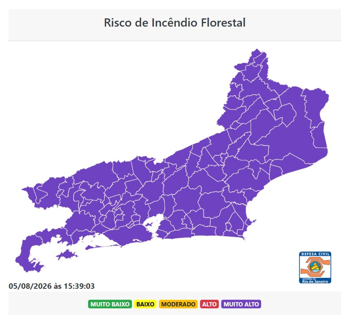 Defesa Civil emite alerta de alto risco para incêndios florestais nas cidades do Sul do Rio e Costa Verde