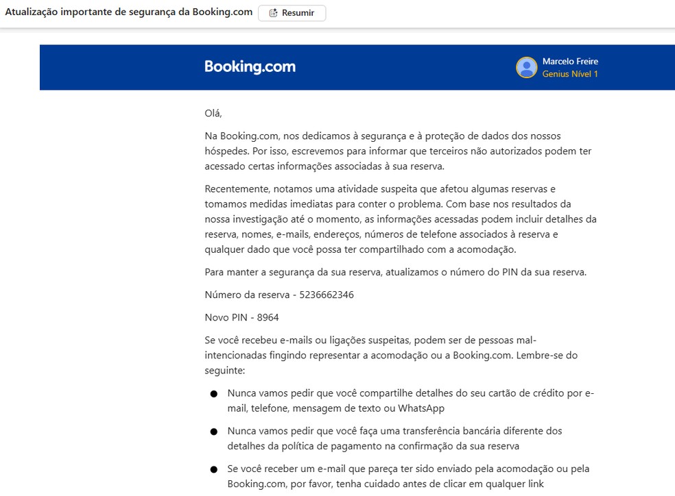 E-mail da Booking.com enviado aos consumidores afetados. — Foto: Reprodução