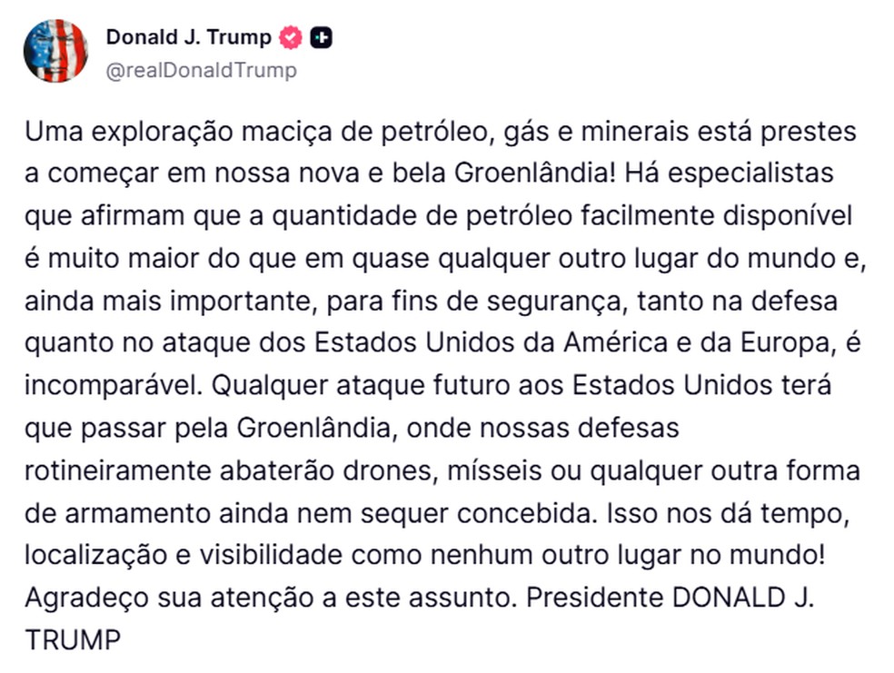 Publicação de Donald Trump sobre exploração de combustíveis na Groenlândia. — Foto: Reprodução / Redes Sociais