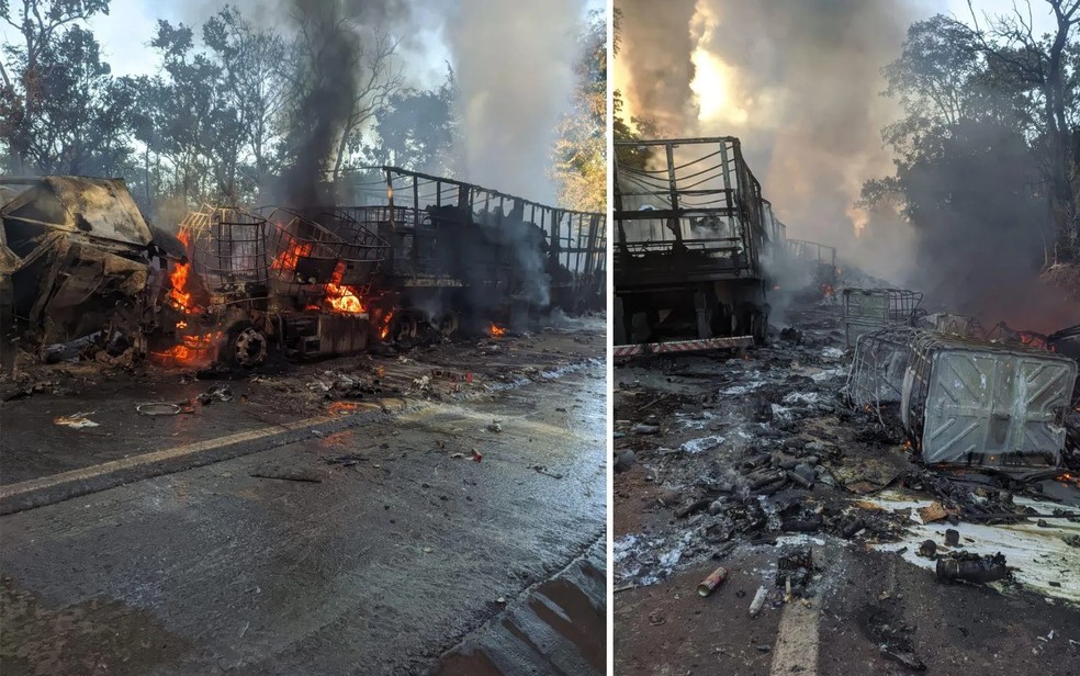 Caminhes pegam fogo aps baterem de frente na BR-153, em Gois  Foto: Divulgao/Corpo de Bombeiros