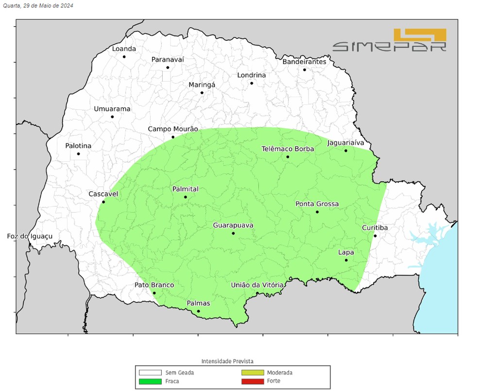 Áreas em verde mostram formação de geada no amanhecer na quarta-feira (29). — Foto: Simepar