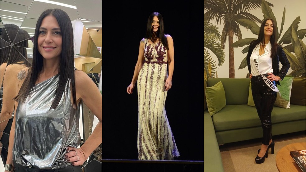 Alejandra Rodrguez, de 60 anos, candidata ao Miss Universo Argentina. Ao centro, a modelo vestido traje de gala no evento preliminar e com o look da direita ela fez a etapa da entrevista, segundo a organizao do concurso.  Foto: Reproduo/redes sociais