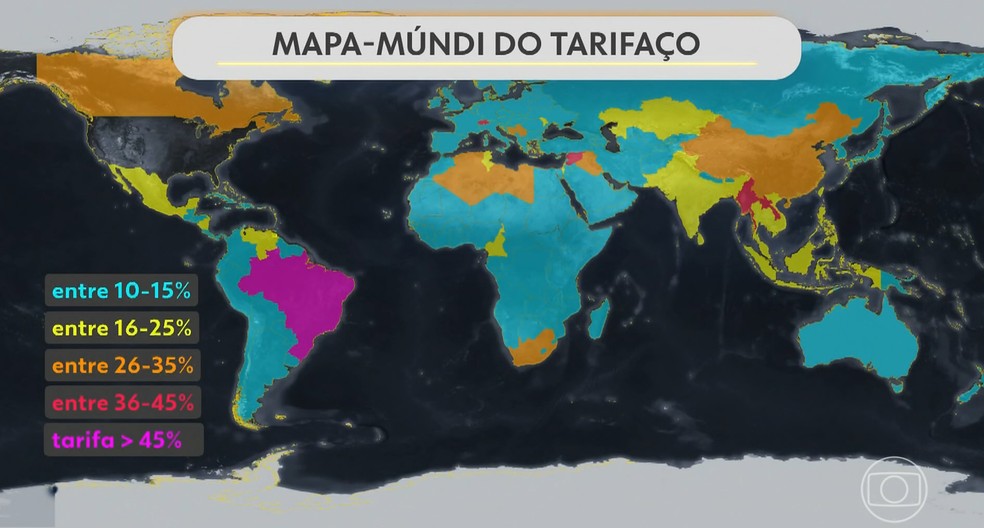 Mapa do tarifaço — Foto: Reprodução/Hora 1