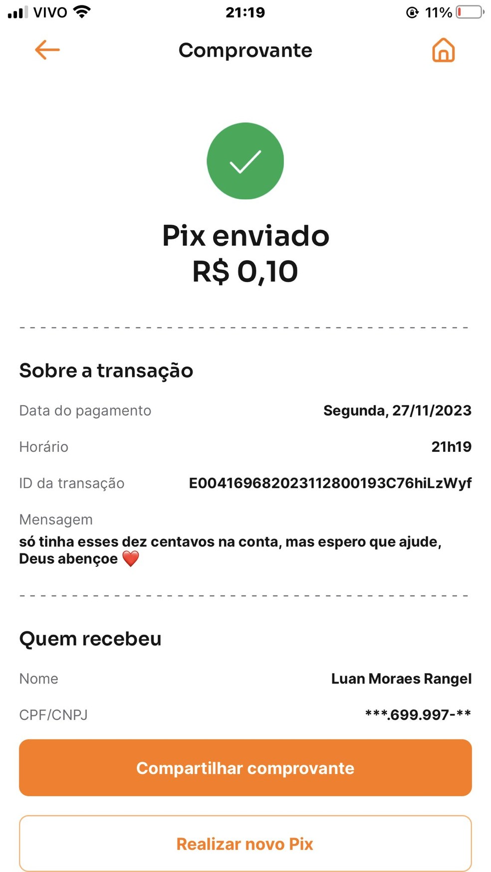 PIX recebido por Luan — Foto: Reprodução/redes sociais