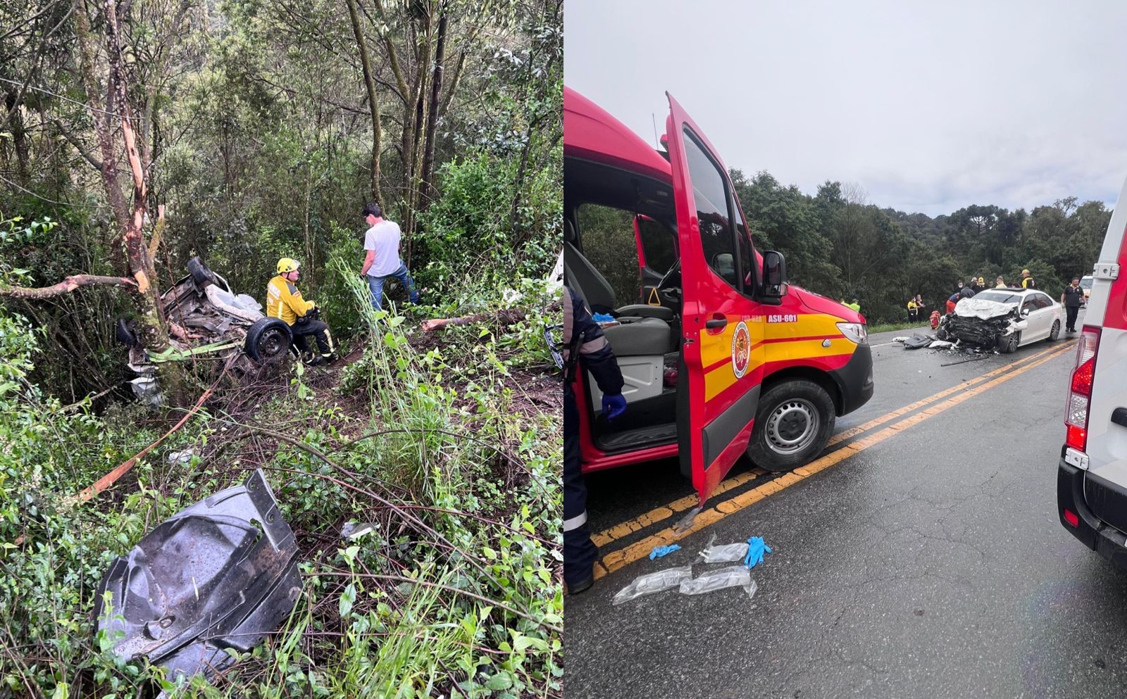 Batida entre carros deixa dois mortos e três feridos após queda em ribanceira na BR-282, em SC
