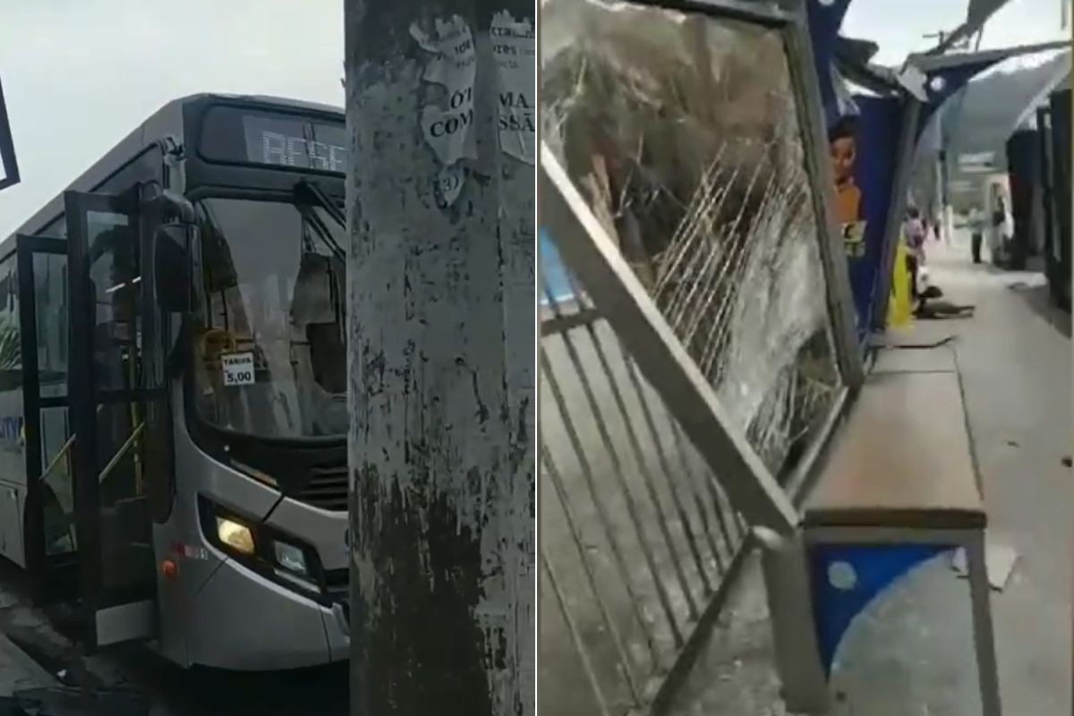 Motorista de ônibus desvia de motociclista e bate em ponto de parada