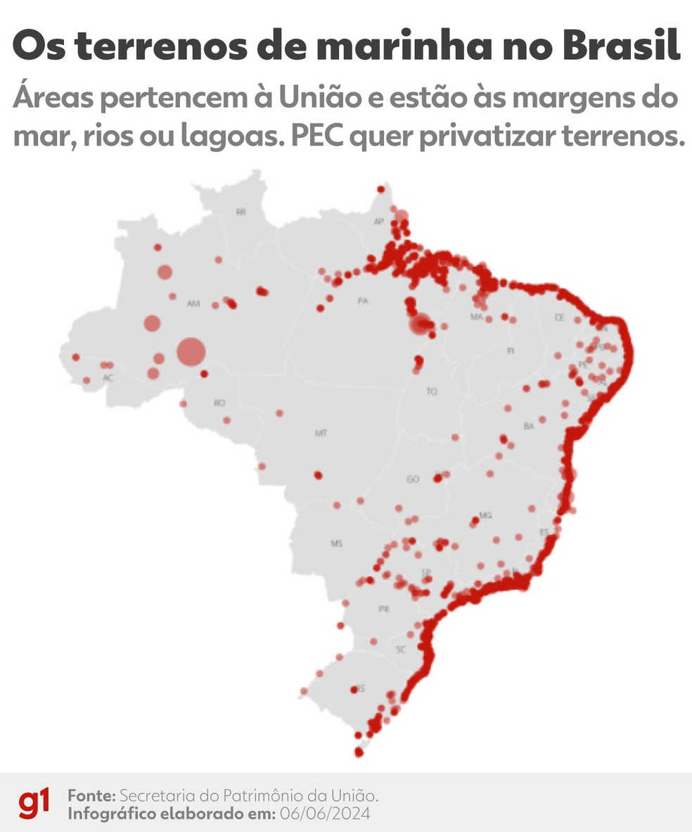 Veja a localização dos terrenos de marinha no Brasil — Foto: Arte g1