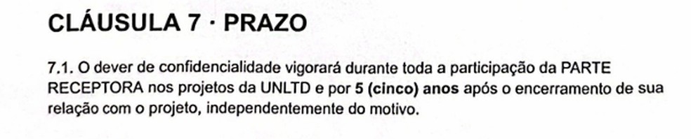 Trecho que descreve o prazo de confidencialidade do contrato — Foto: Arquivo pessoal
