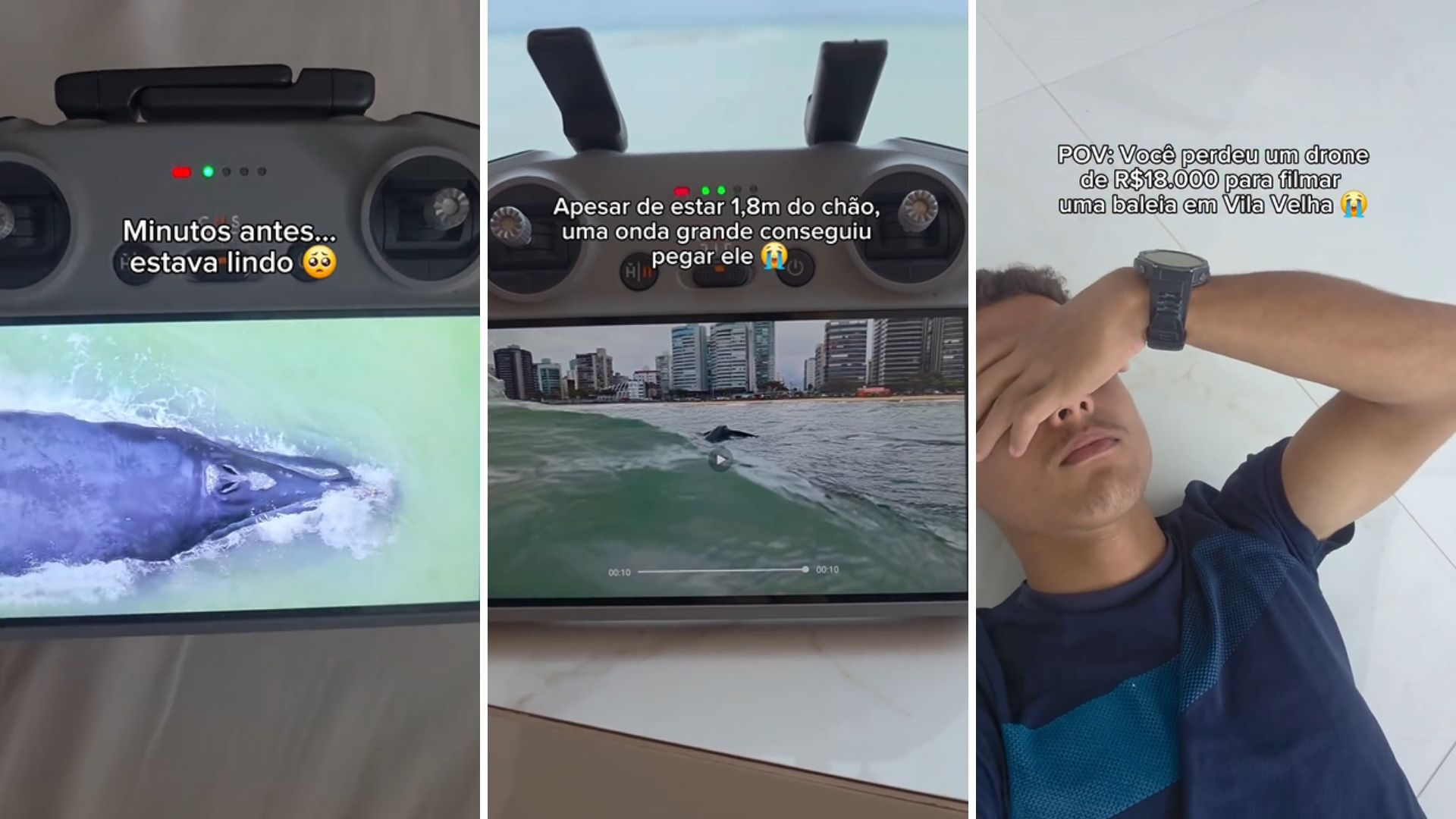 VÍDEO: onda derruba drone de R$ 18 mil enquanto influenciador filmava baleias-francas no ES