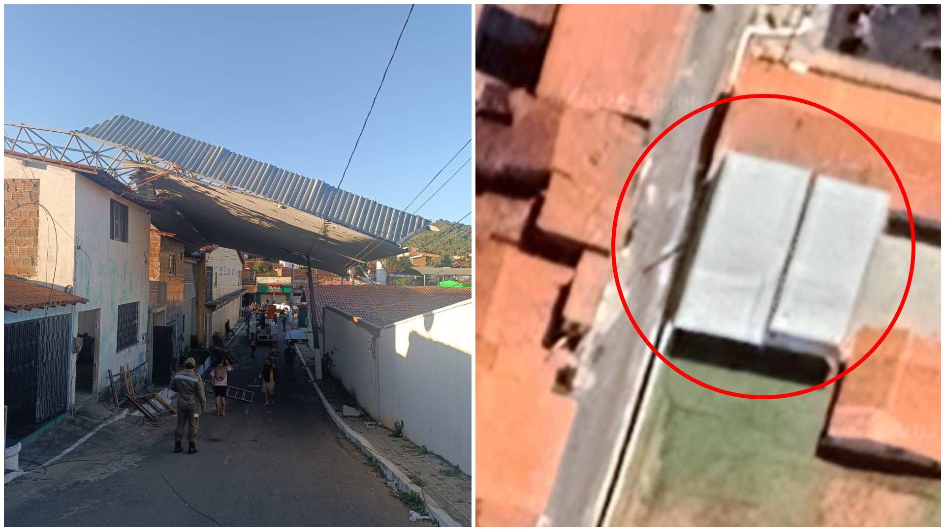 Teto de metal é arrancado de escola por ventania e atinge casas vizinhas, em Palmácia