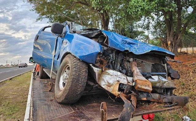 Mulher bate caminhonete contra árvore e capota veículo na SP-294