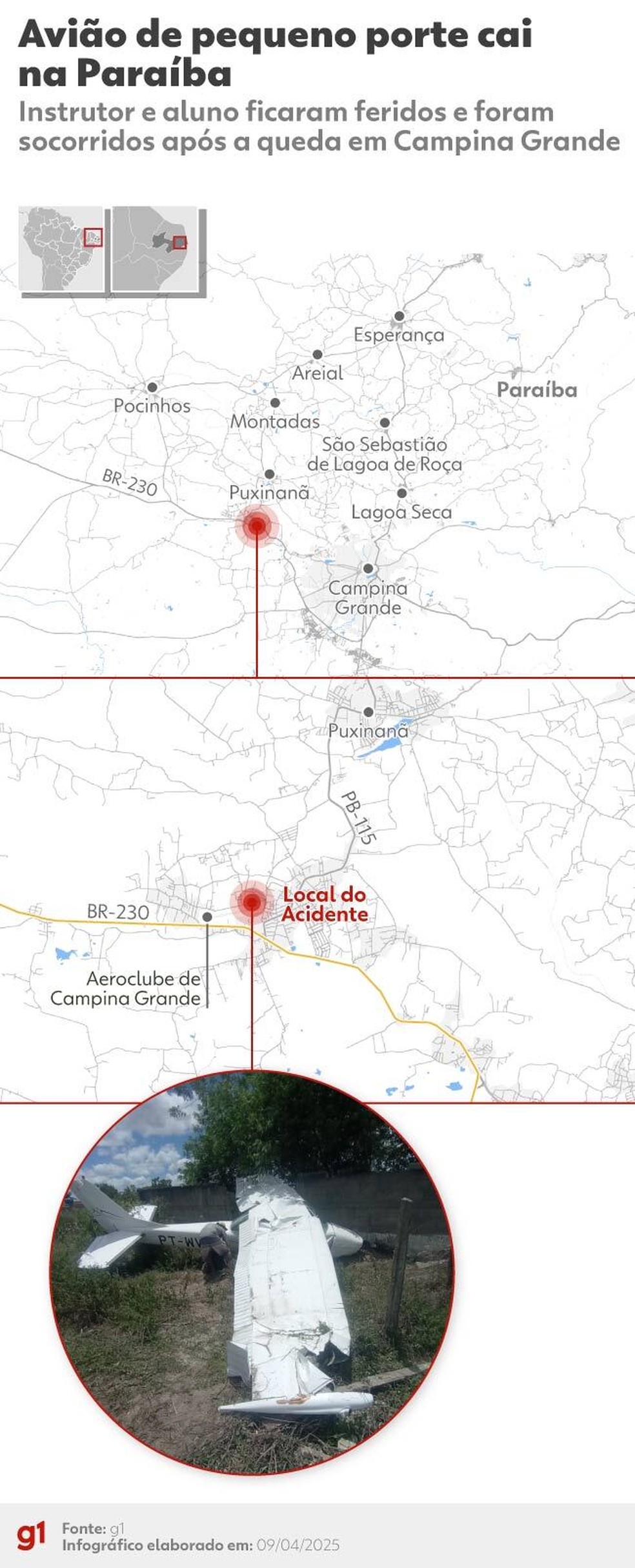Mapa mostra local em que avi�o caiu em Campina Grande � Foto: Arte/g1