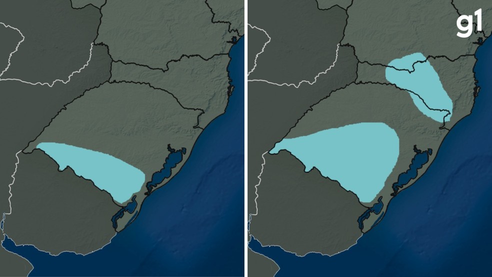 Previsão de geada para sábado (mapa à esquerda) e para domingo (à direita) — Foto: Divulgação/ Climatempo