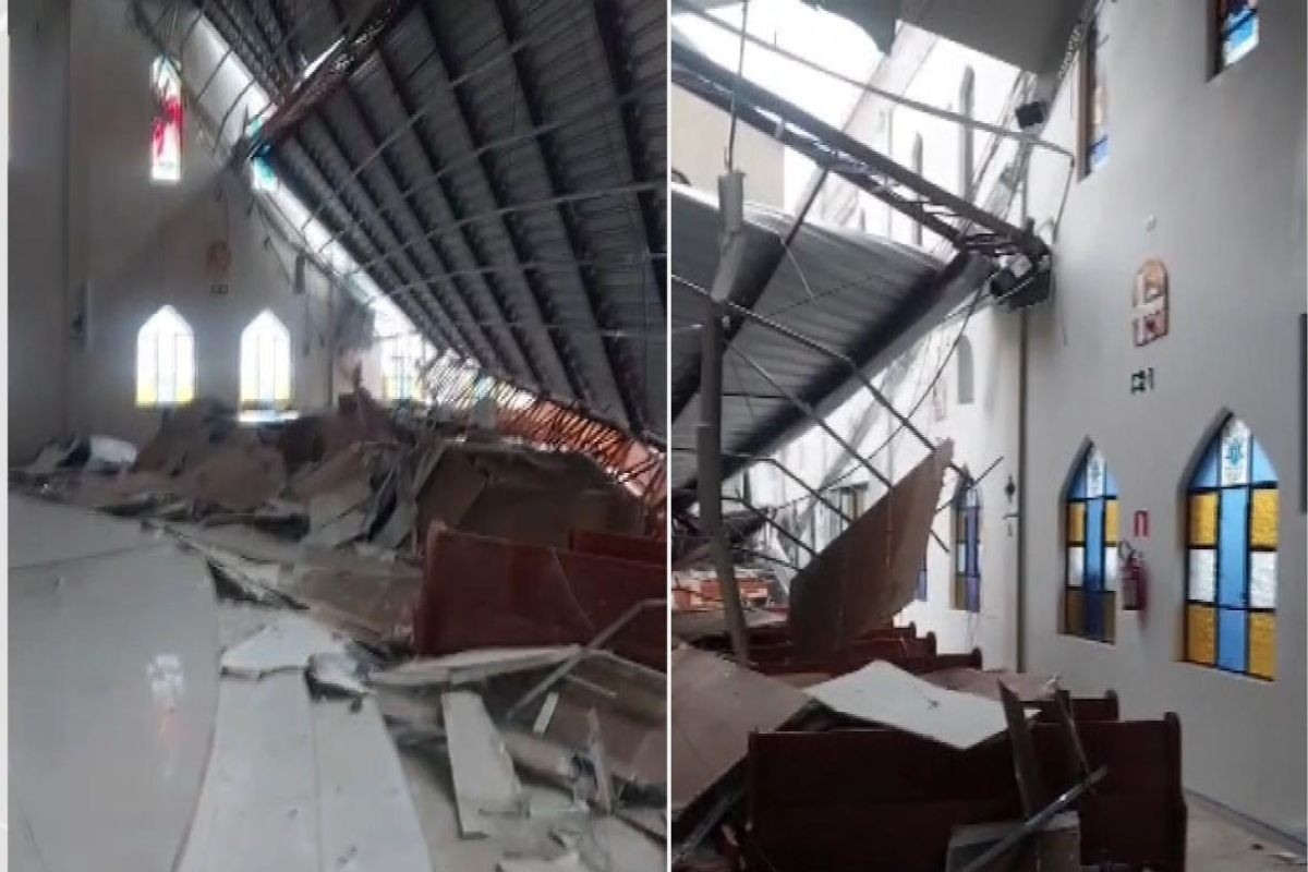 VÍDEO: Telhado de igreja desaba durante chuva de granizo e local é interditado, no Paraná