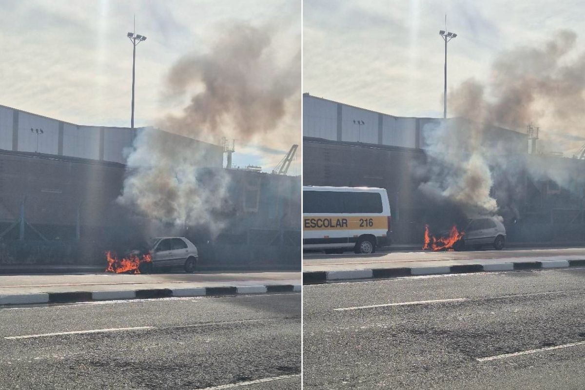 Carro pega fogo na Avenida Mário Covas em Santos; VÍDEO