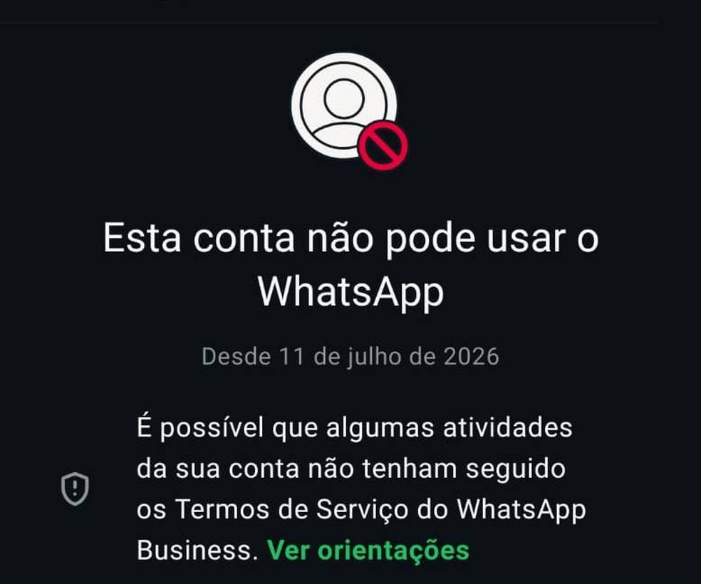 'Esta conta não pode usar o WhatsApp': aplicativo mostra aviso quando usuário é suspenso — Foto: Reprodução