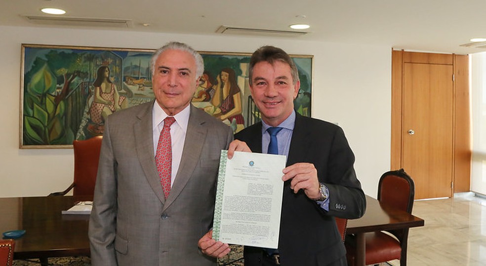 Denarium e Michel Temer no ano de 2018 — Foto: Washington Costa/MDIC/Divulgação/Arquivo