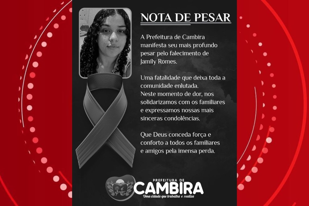 Prefeitura de Cambira publicou uma nota de pesar nas redes sociais. — Foto: Redes sociais/Reprodução