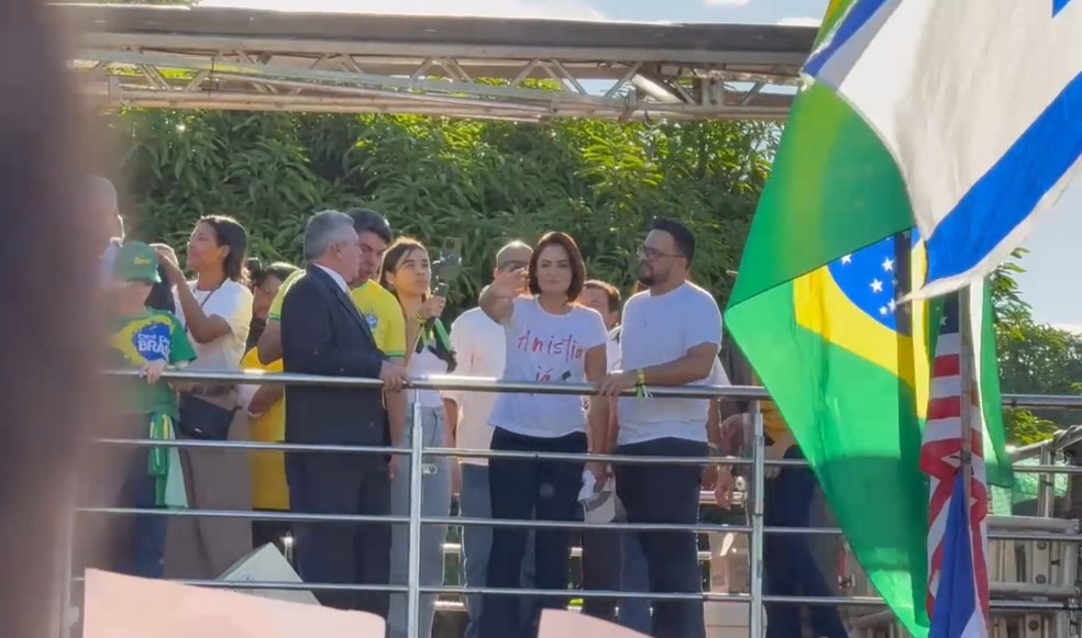 Michelle Bolsonaro participa de ato pró-anistia em Brasília — Foto: Afonso Ferreira/TV Globo