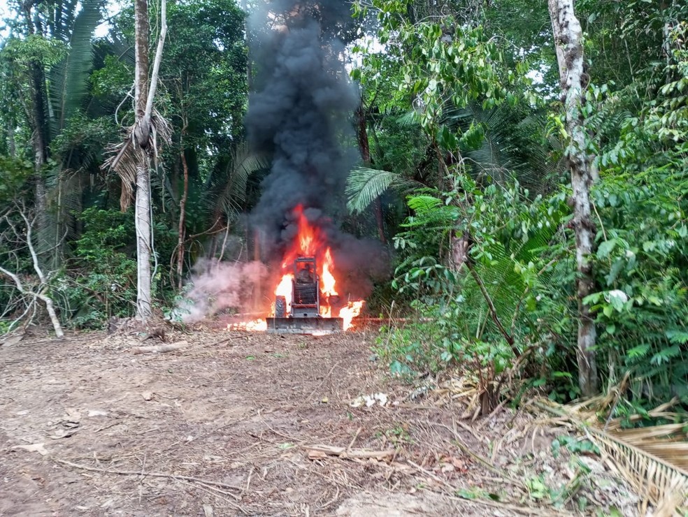 Equipamentos utilizados no garimpo e extração ilegal de madeiras foram destruídos, em RO — Foto: PF/Divulgação