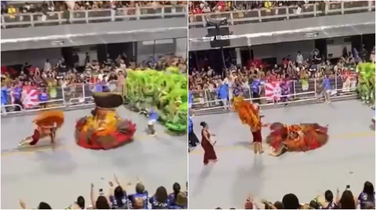 Vídeo mostra tombos de mestre-sala e porta-bandeira da Acadêmicos do Tatuapé após escorregarem em óleo de carro alegórico