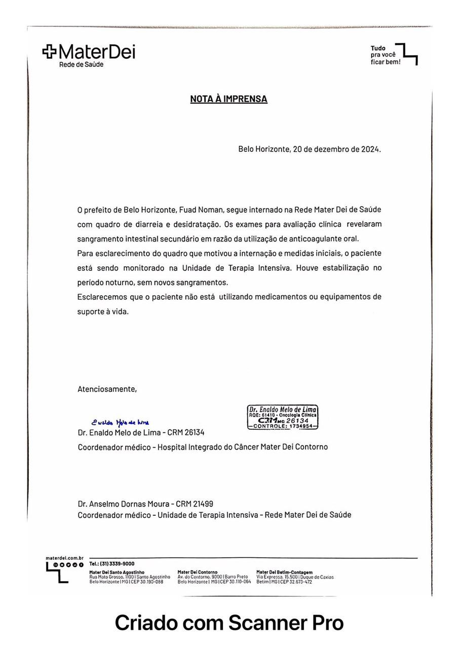 Fuad Noman é internado em UTI após sangramento intestinal