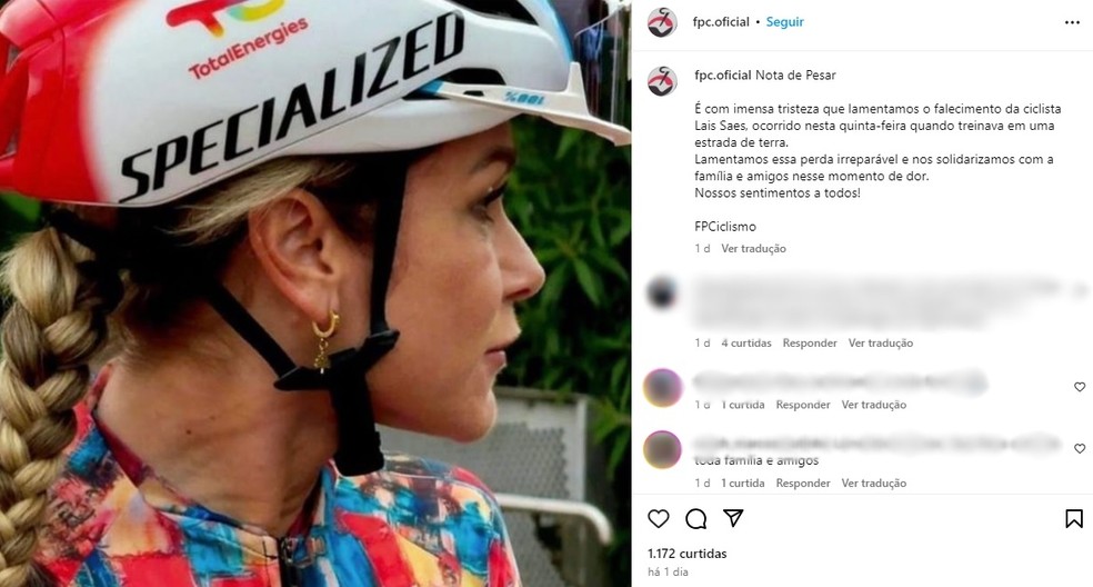 Federação Paulista de Ciclismo lamentou a morte da atleta — Foto: Reprodução/Instagram