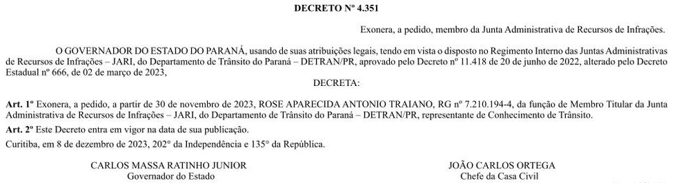 Decreto que exonerou Rose Traiano — Foto: Reprodução/Diário Oficial do Estado