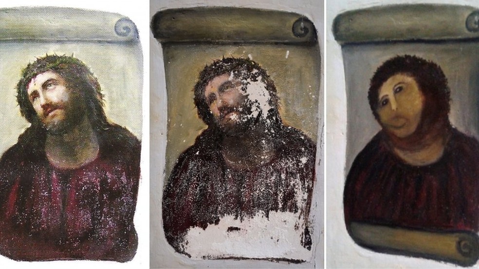 Ecce Homo original, deteriorado pela passagem do tempo e 'restaurado'; intervenções amadoras são muito comuns em patrimônio eclesiástico, diz especialista — Foto: Centro De Estudios Borjanos