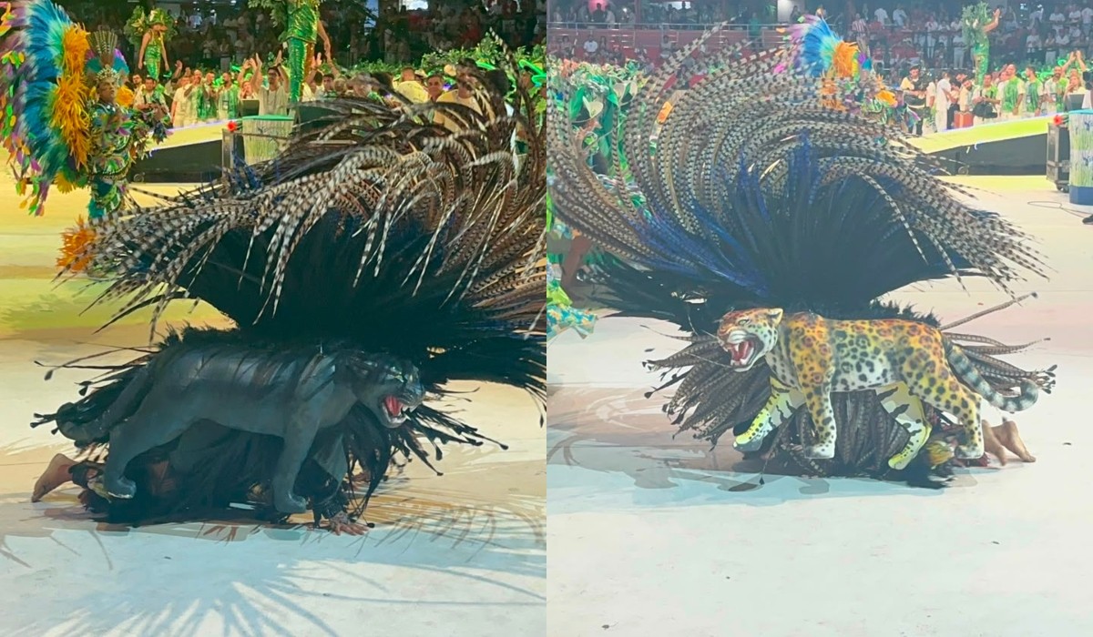 Marciele Albuquerque se transforma em onça parda e preta no Festival de Parintins 2026; VÍDEO