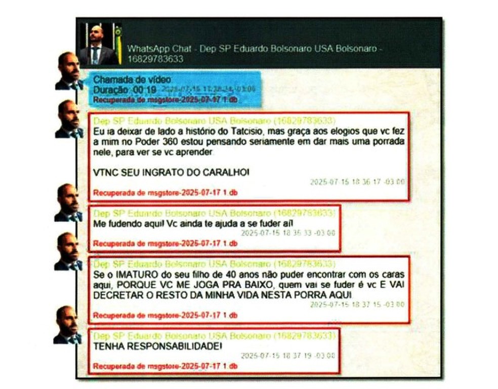 Mensagem de Eduardo Bolsonaro ao pai recuperada em relatório da PF. — Foto: Reprodução