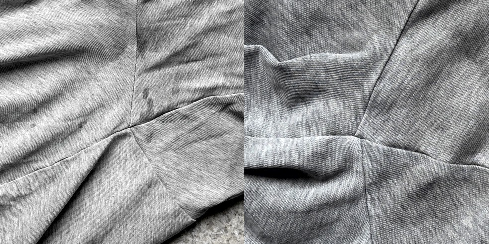 Antes e depois: detergente limpou manchas (e água), mas deixou camiseta um pouco descolorida (à direita) — Foto: Henrique Martin/g1