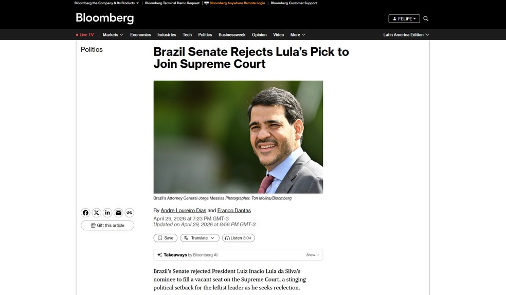 Notícia da Bloomberg sobre a votação da indicação de Messias aos STF — Foto: Reprodução