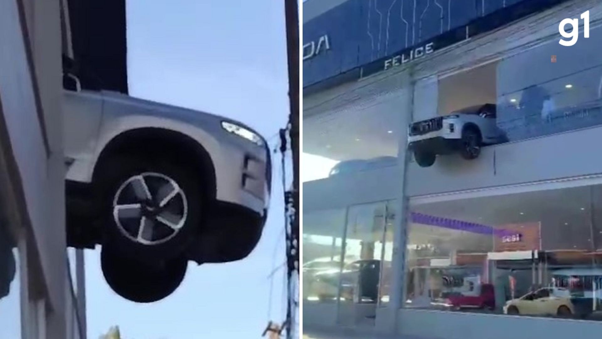 VÍDEO: Carro fica pendurado em 2º andar de concessionária após manobra de funcionário em Porto Alegre
