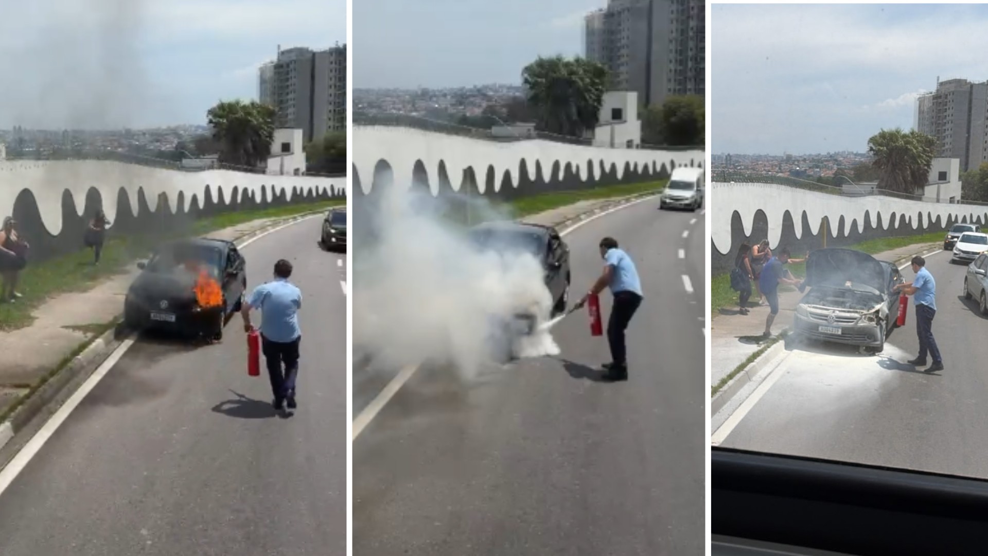 VÍDEO: motorista de ônibus percebe carro em chamas, para veículo e ajuda a apagar incêndio em Sorocaba