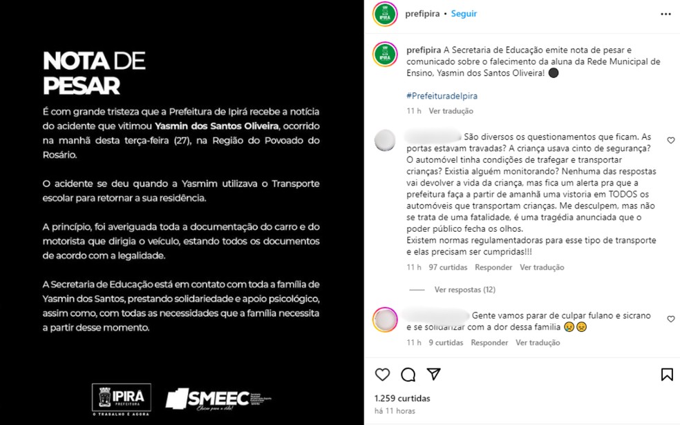 Prefeitura de Ipirá publicou nota de pesar nas redes sociais — Foto: Redes sociais