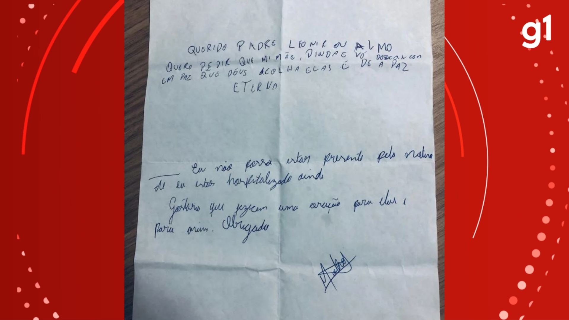 Criança que comeu bolo em Torres e perdeu mãe e avó escreve carta para padre pedindo orações