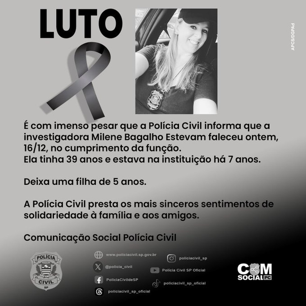 Polícia Civil divulgou comunicado para lamentar a morte da investigadora Milene Estevam durante o seu trabalho — Foto: Divulgação/Polícia Civil/X