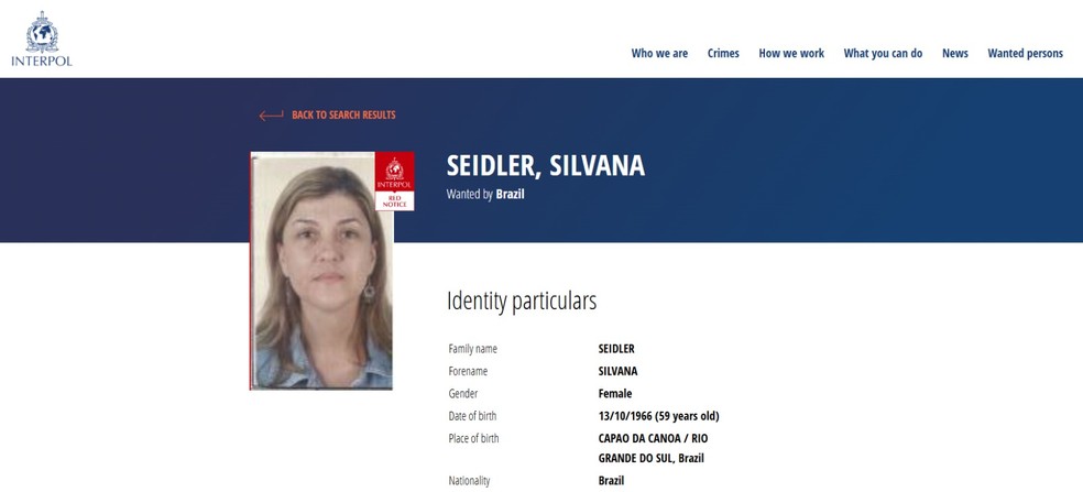 Silvana Seidler, condenada por matar a filha de 7 anos, fugiu da delegacia e nunca mais foi encontrada — Foto: Interpol/Divulgação