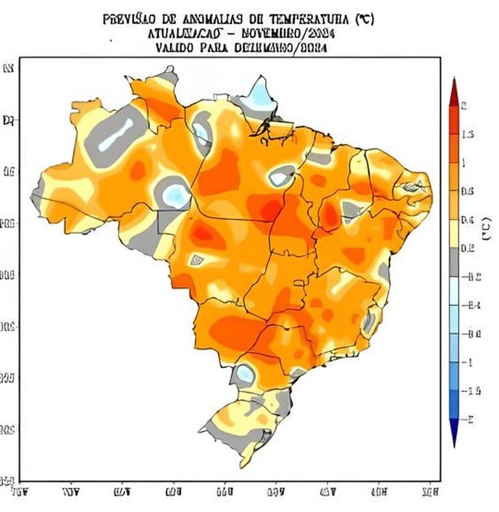 Boa parte do país deve ter temperaturas acima da média em dezembro. — Foto: Inmet