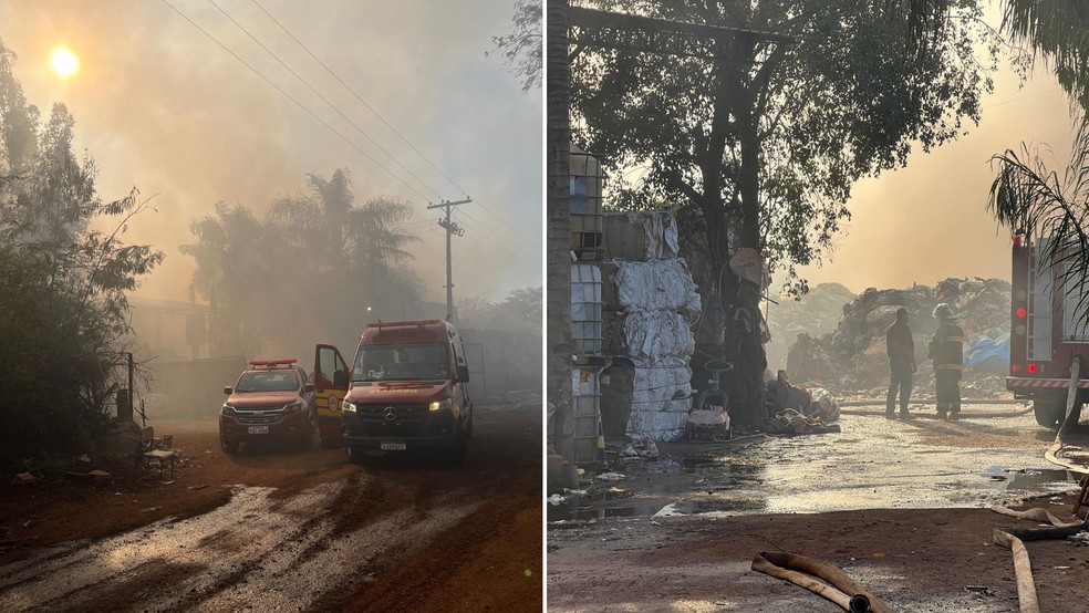 Grande incêndio atinge depósito de recicláveis em Palmital (SP) — Foto: Filipe Zampoli/TV TEM