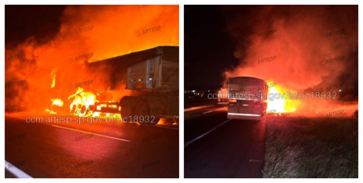 Carreta com carga de açúcar pega fogo na Rodovia Washington Luís no interior de SP