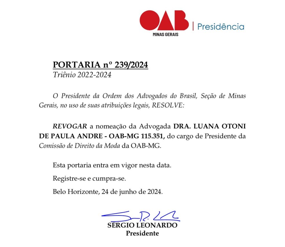 OAB-MG revoga nomeação de advogada Luana Otoni de Paula para comissão — Foto: Reprodução
