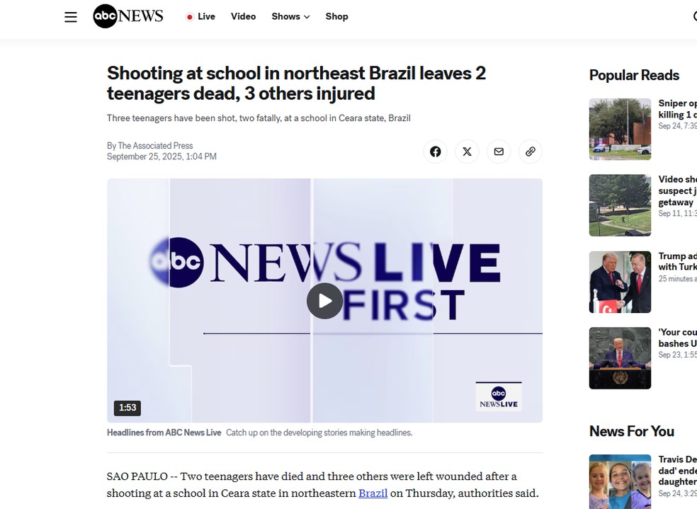 Reportagem da 'ABC News', dos Estados Unidos, sobre o ataque a tiros em uma escola em Sobral, no interior do Ceará, em 25 de setembro de 2025. — Foto: Reprodução