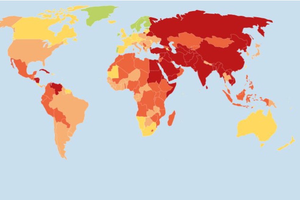 Mapa com cores de acordo com a situação de liberdade de imprensa em cada país, segundo ranking elaborado pela ONG Repórter Sem Fronteira — Foto: Divulgação/ RSF