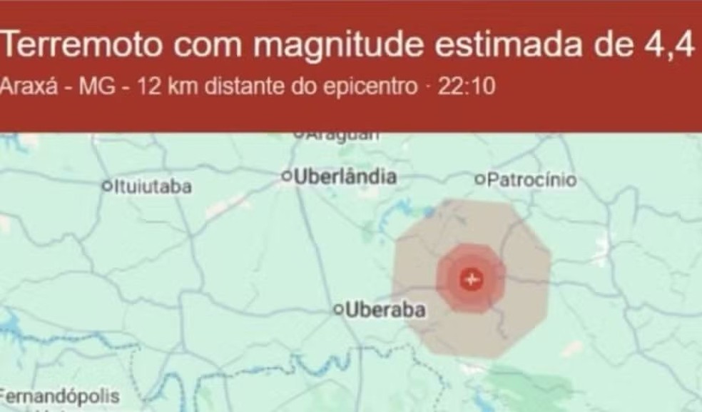 Notificação Sistema Android Alertas de Terremoto Araxá — Foto: Redes Sociais/Reprodução