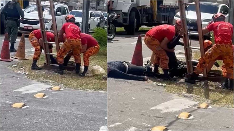 Homens são resgatados em um bueiro em Fortaleza e encaminhados para o hospital — Foto: Reprodução