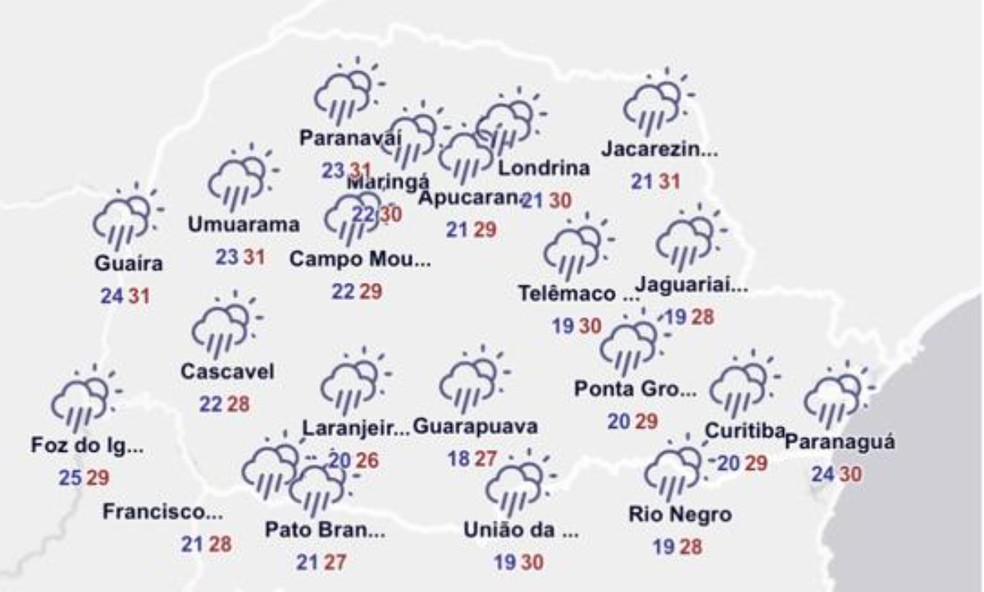 Previsão do tempo para o Paraná para quarta-feira (31). — Foto: Reprodução/Simepar